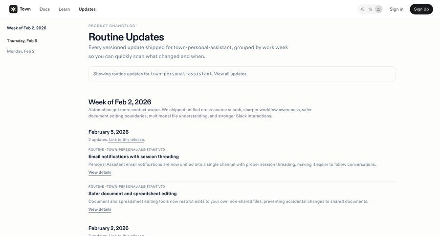 Town
			 changelog version history ui page example