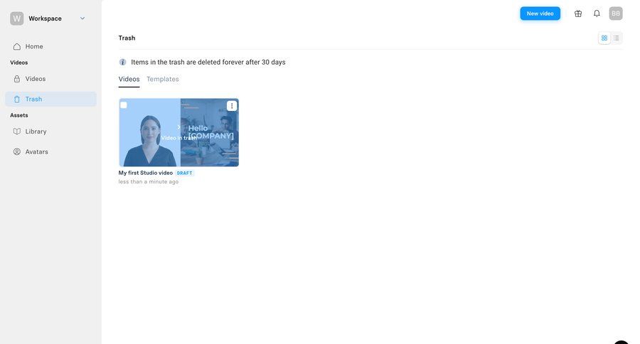 Synthesia
			list collection trash & archive content management sidebar navigation grid video management sidebar menu folder junk ui page example