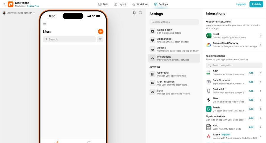 Glide
			 settings integration management ui page example