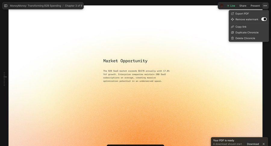 Chronicle
			detail page share export export document management content sharing full-screen layout menu download ui page example