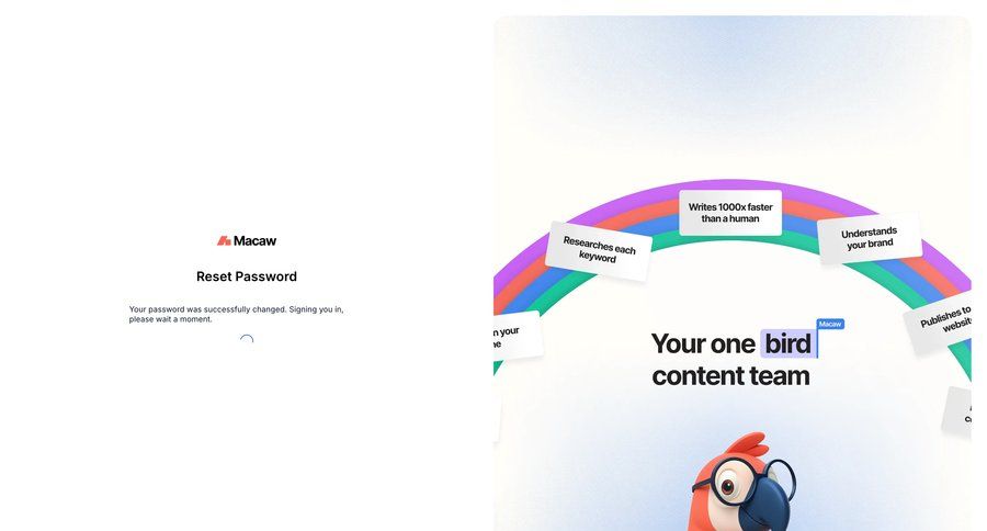 Macaw
			 account management user authentication confirmation split screen account security confirmation screen authentication split view login connection auth signin sign in log in loading login page confirmation message ui page example