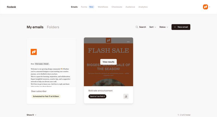Flodesk
			 e-commerce dashboard marketing automation email management email campaign management lists menu announcement email marketing ui page example