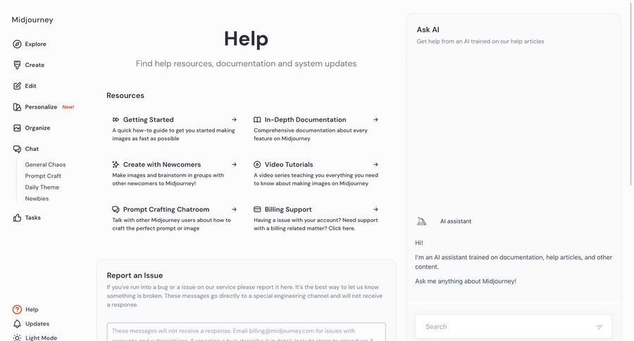 Midjourney
			 sidebar navigation artificial intelligence grid documentation ui page example