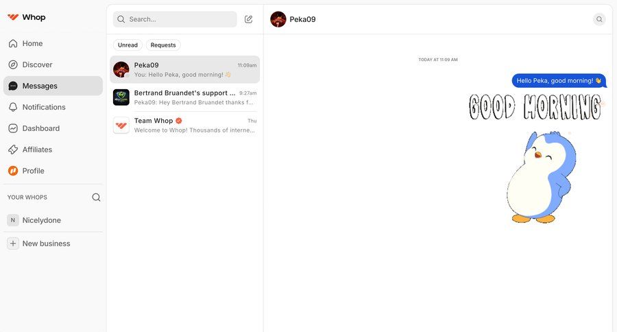 Whop
			 chat interface customer support chat ui page example