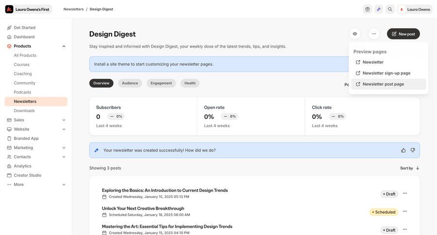 Kajabi
			 content management dashboard sidebar navigation content scheduling dropdown filters sidebar alert menu modern newsletter signup ui page example