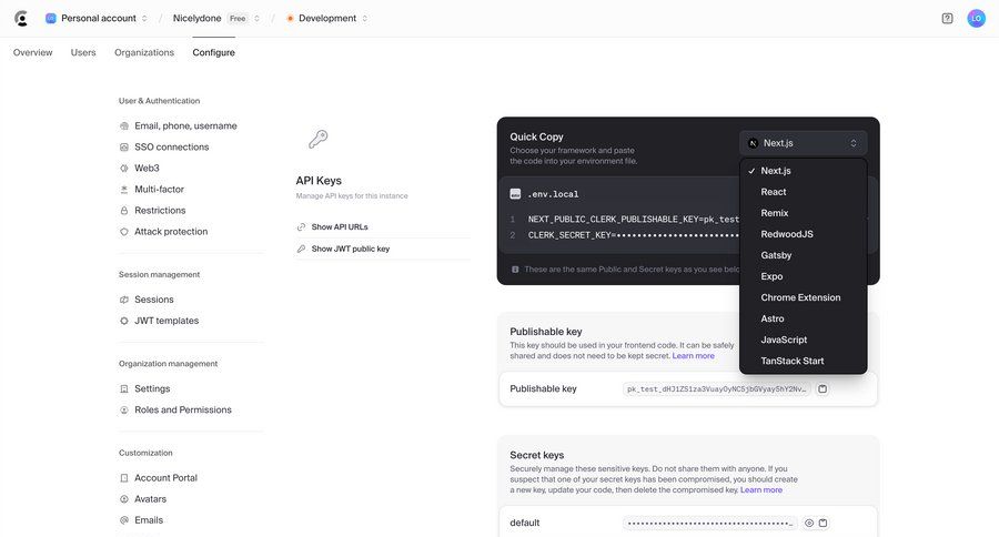 Clerk
			 modal screen configuration settings sidebar navigation authentication organization management content blocks user permissions sidebar security chrome extension integration quick keys contextual help code snippet ui page example