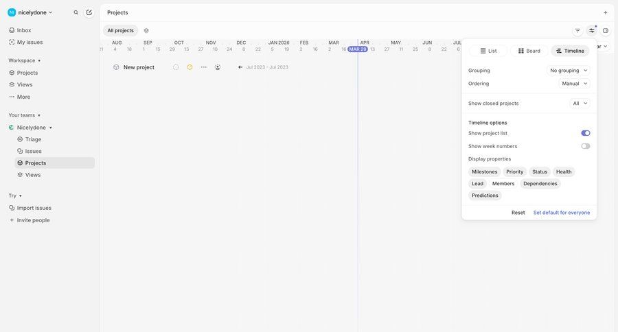 Linear
			 project management sidebar navigation timeline view ui page example