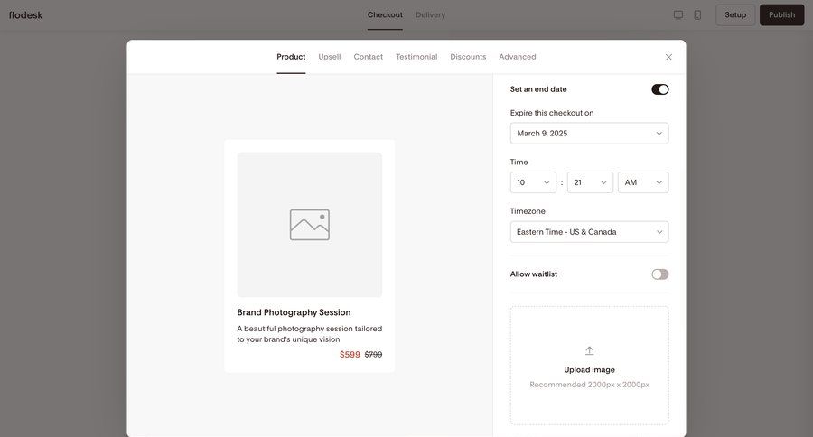 Flodesk
			 modal screen configuration e-commerce form file upload upload image full screen modal product details date picker datepicker time picker pay checkout screen timezone selector ui page example