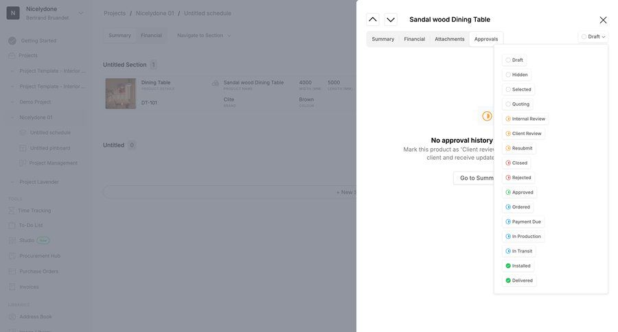 Programa
			 modal screen project management project setup project tracking payment history sidebar product details item details approval workflow ui page example