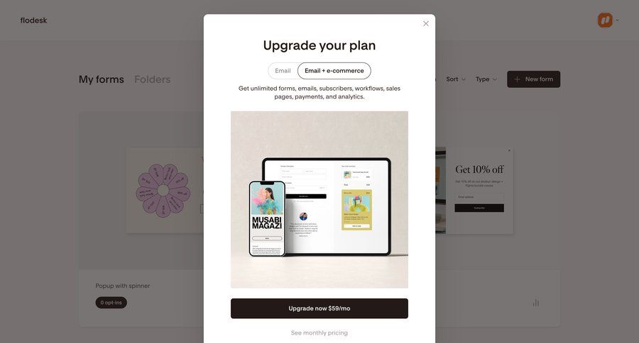 Flodesk
			 modal screen e-commerce account management modal dialog full screen modal upgrade modal payment history call to action service plans pricing plans subscription plans price payment options payment page payment confirmation pricing packages pricing calculator payment processing ui page example