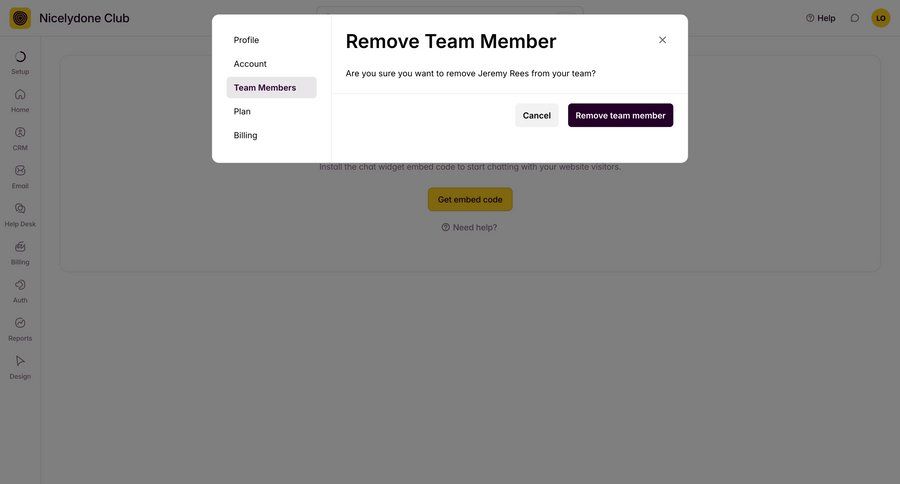 Outseta
			modal & popover team settings remove teammate confirmation settings user management sidebar navigation account management cancel action confirmation message ui page example