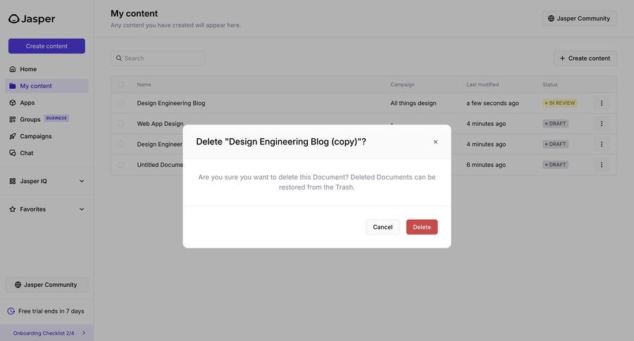 Jasper
			 content management delete confirmation modal dialog document management cancel deletion sidebar ui page example