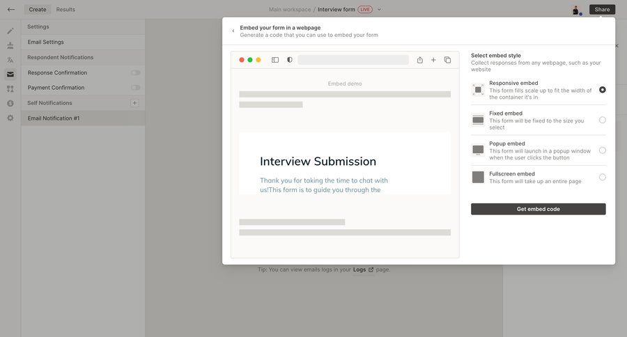 QuestionScout
			form embed settings payment confirmation ui page example
