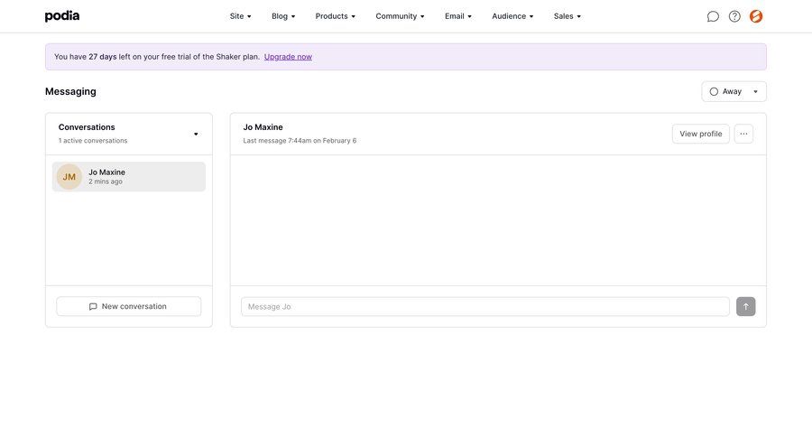 Podia
			 e-commerce grid user profile user communication user termination chat interface profile page conversational ui page example