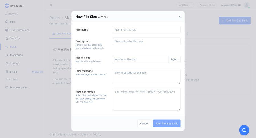 Bytescale
			 modal screen configuration settings form modal dialog file management file upload modal create data security data governance ui page example