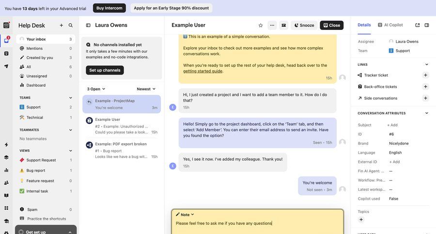 Intercom
			 team collaboration sidebar navigation conversational ui issue tracking user data inbox dropdown filters sidebar communication chat messages menu newsfeed modern check out conversational customer support chat ui page example