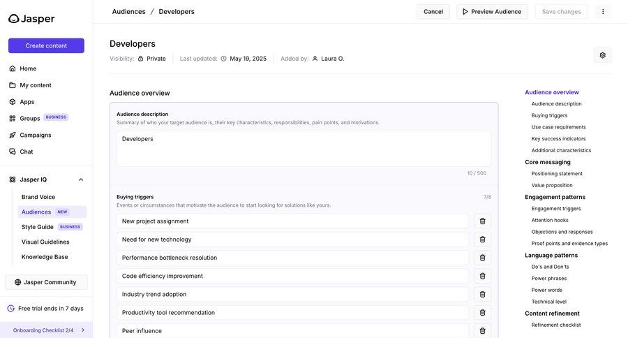 Jasper
			profile settings detail page content management sidebar navigation form audience management ui page example