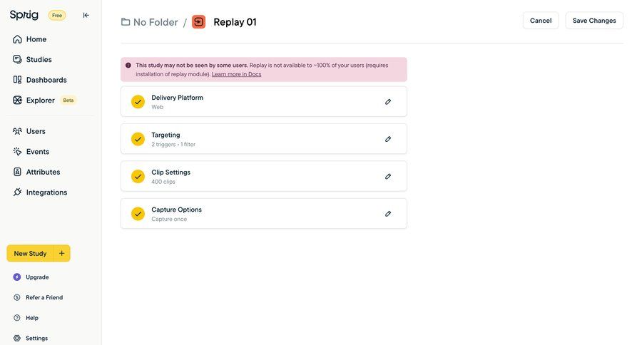 Sprig
			 configuration settings sidebar navigation user research save changes sidebar alert cancel changes ui page example