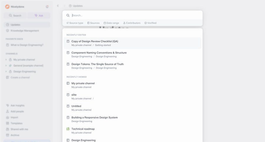 Slite
			list search modal & popover command palette document management knowledge management document list ui page example