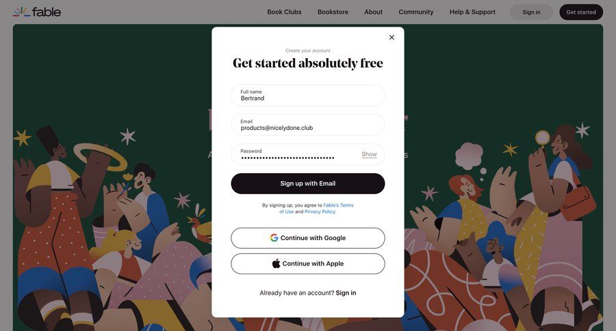 Fable
				signup page example