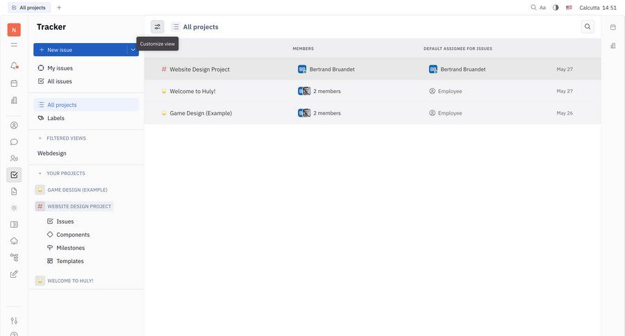 Huly
			 task management team collaboration dashboard sidebar navigation project management grid project setup project tracking menu table project dashboard ui page example