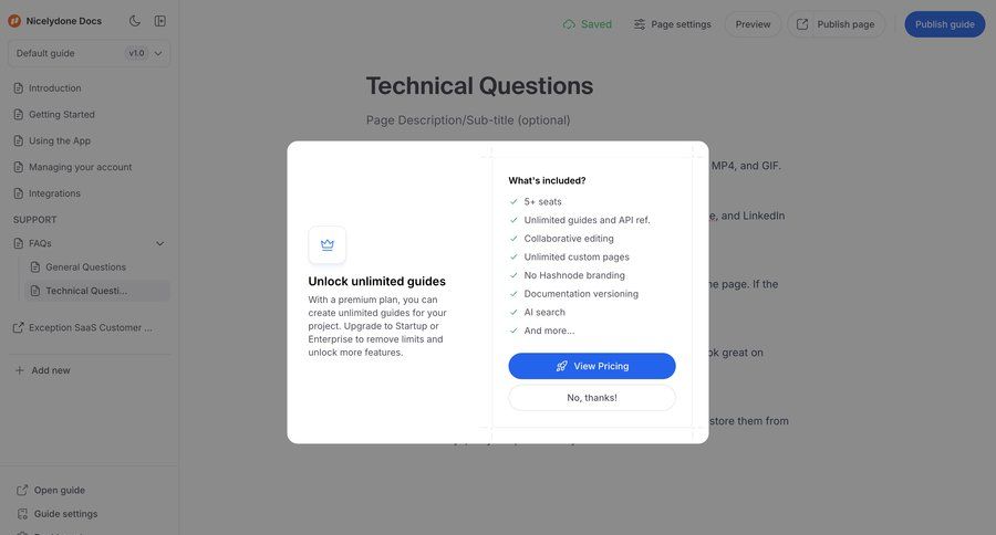 Hashnode
			 modal screen sidebar navigation upgrade modal sidebar premium features doc documentation docs modern enterprise settings ui page example