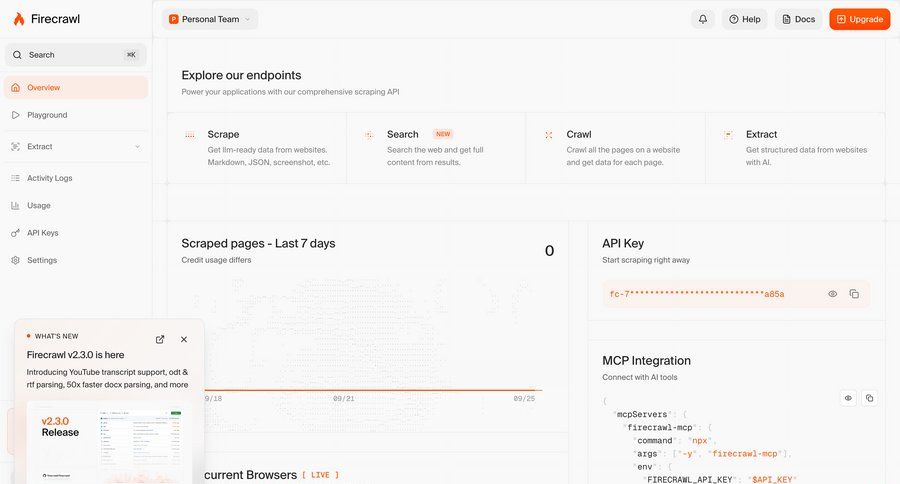 Firecrawl
			home changelog (product) api dashboard dashboard overview sidebar menu data visualization integration ui page example