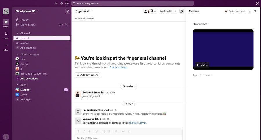 Slack
			 collaboration team collaboration sidebar navigation project management document editing project collaboration conversational ui content sharing sidebar communication messages menu timeline ui ui page example