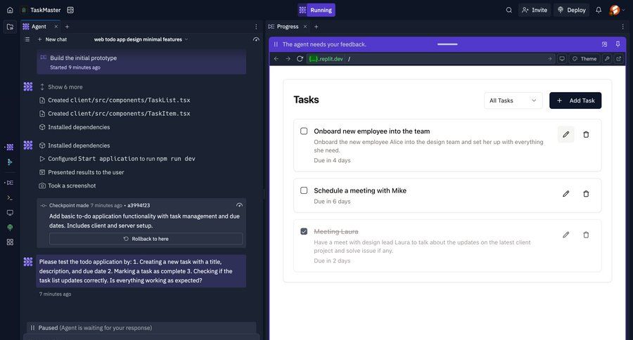 Replit
			 task management collaboration team collaboration project management grid task completion dropdown filters radio group sidebar lists chat ui page example