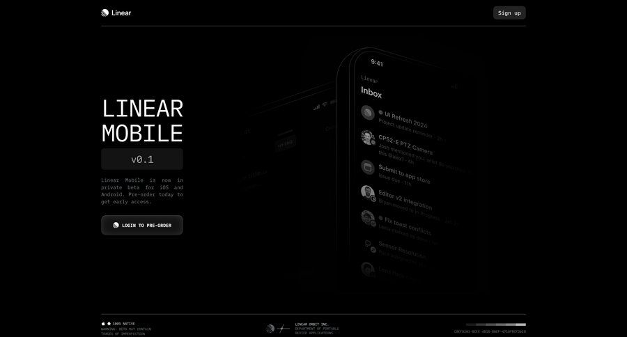 Linear
			signup application download product page call to action signup create new account register desktop download mobile order tracking ui page example
