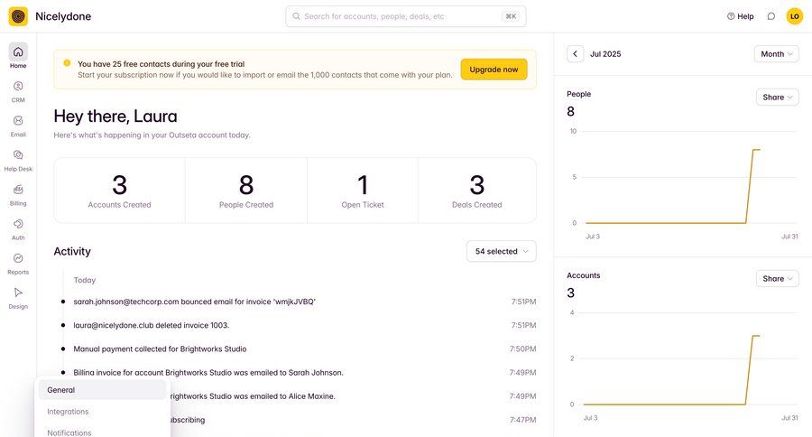 Outseta
			 dashboard sidebar navigation account management onboarding dashboard overview data display sidebar user navigation bar menu data visualization analytics ui page example