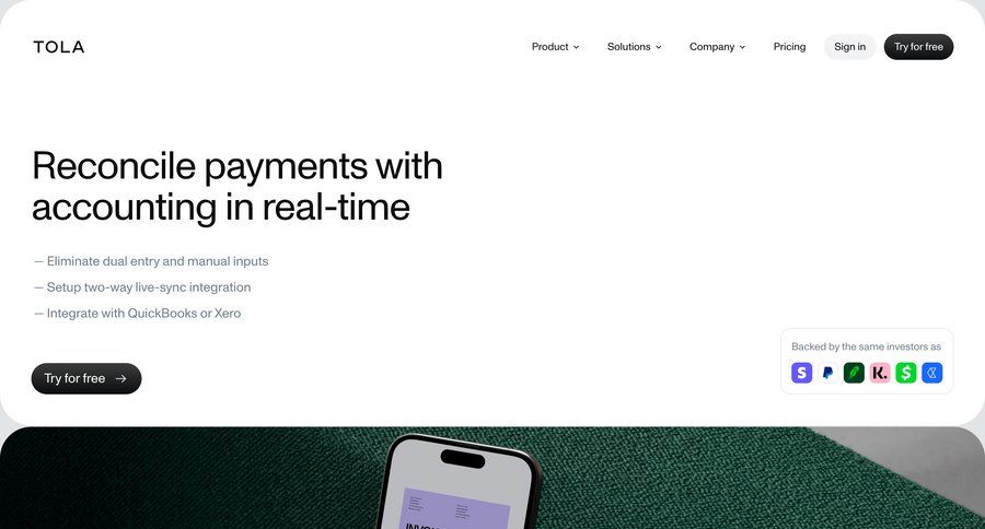 Tola
			 modern navigation bar automation finance testimonials features payment processing accounting automation ui page example