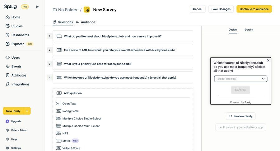Sprig
			 sidebar navigation form user research editor feedback collection video editor wysiwyg sidebar create modern ui page example