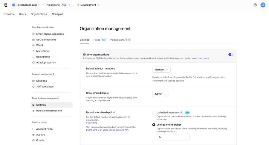 Clerk
			 settings form user management sidebar navigation user permissions account settings configuration organization management organization settings b2b saas ui page example
