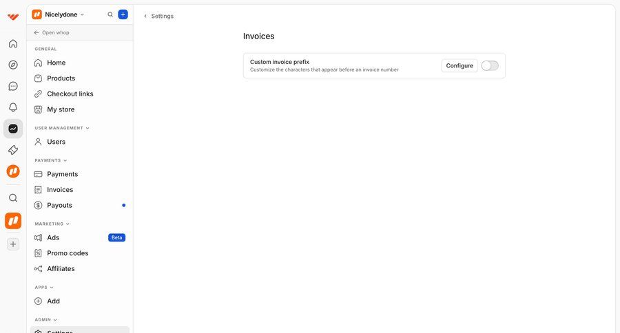 Whop
			 configuration settings e-commerce user management sidebar detail view navigation bar modern ui page example