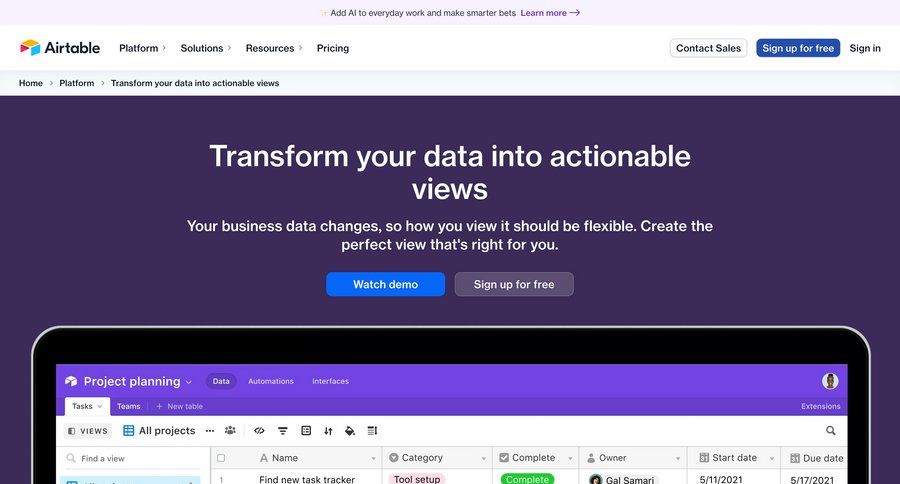Airtable
			 drag & drop features management call to action features timeline ui filter ui sort by ui cards ui map view data grid option menu ui page example