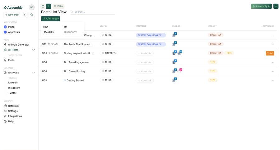 Assembly
			 content management sidebar navigation project management grid filter controls dashboard notification alert message system notification push notification notification center table date filter review analytics ui page example