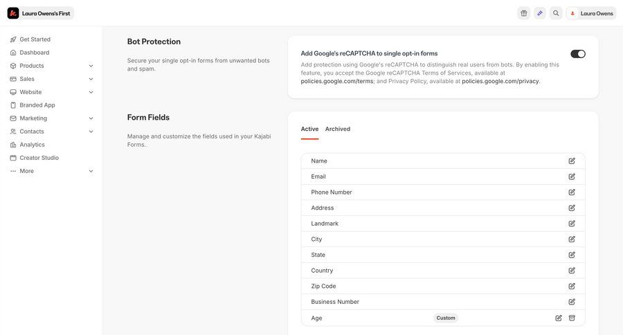 Kajabi
			 configuration settings sidebar navigation form list management sidebar security modern bot builder ui page example