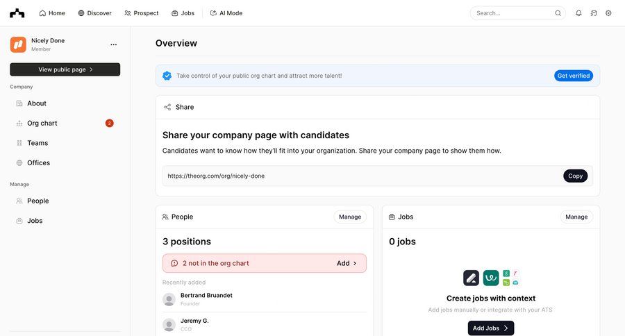 The org
			settings list company onboarding account setup sidebar jobs ui page example