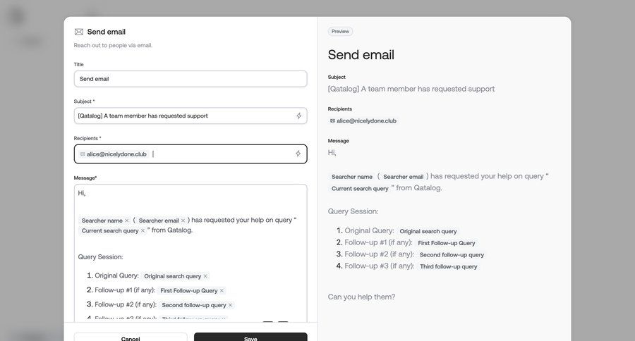 Qatalog
			 form confirmation preview panel email send invitation communication ui page example