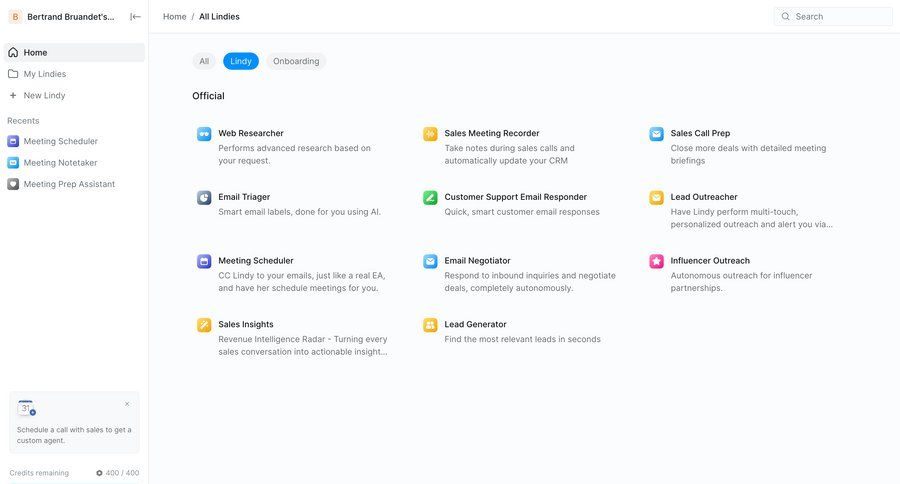 Lindy
			 dashboard artificial intelligence grid automation progress indicator email content hierarchy sidebar progress bar ui page example