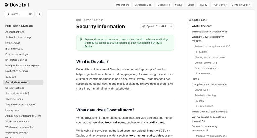 Dovetail
			 knowledge base documentation ui page example