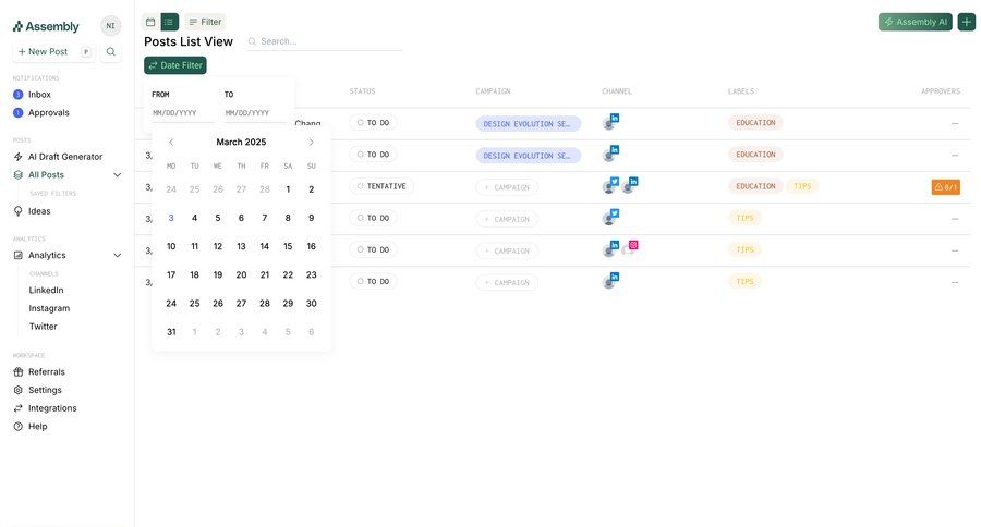 Assembly
			list filters application download table content management dashboard sidebar navigation grid filter controls content scheduling sidebar lists date picker filter options filter dropdown desktop download mobile filter ui table date filter controls analytics ui page example