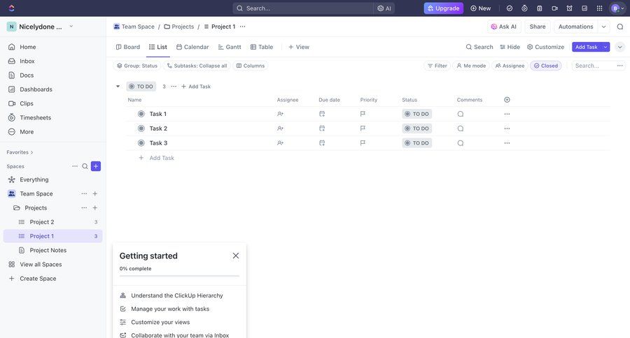 ClickUp
			 task management team collaboration sidebar navigation project management project setup project organization dropdown filters sidebar menu progress bar modern table ui page example