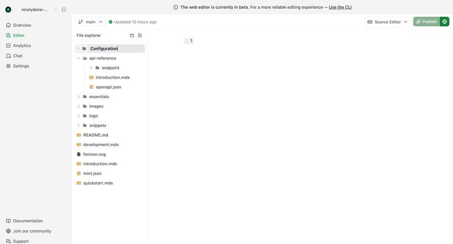 Mintlify
			 content management configuration sidebar navigation editor tree view code editing sidebar ui page example