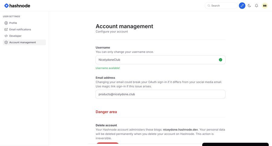 Hashnode
			 settings sidebar navigation account management form account setup user settings account settings account deletion user account email management sidebar security user toast notification version control confirmation message ui page example