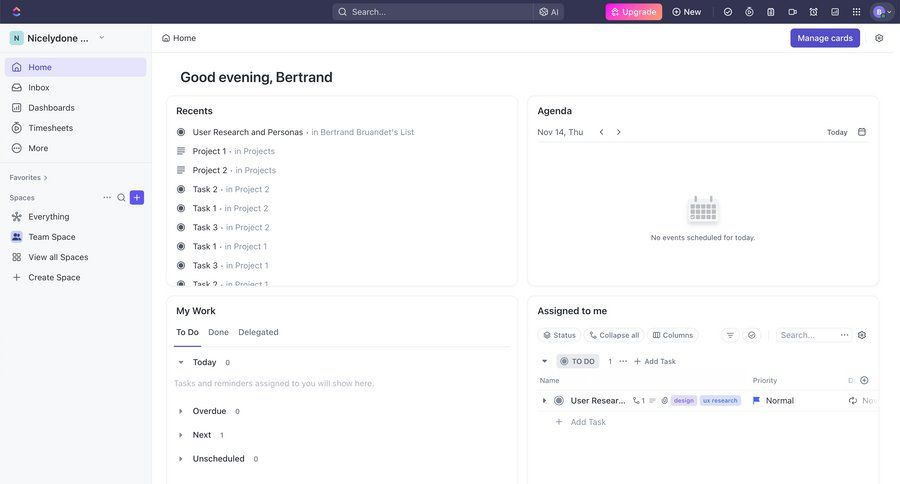 ClickUp
			 task management dashboard sidebar navigation project management project tracking three-column grid calendar events dropdown filters personal space menu modern table accordion time management ui page example