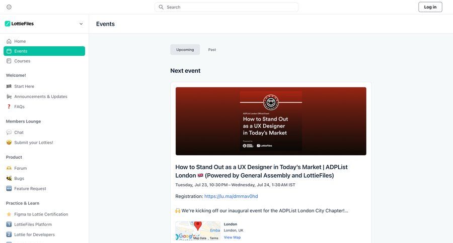 Lottie
			events community announcement marketing website design map view ui page example