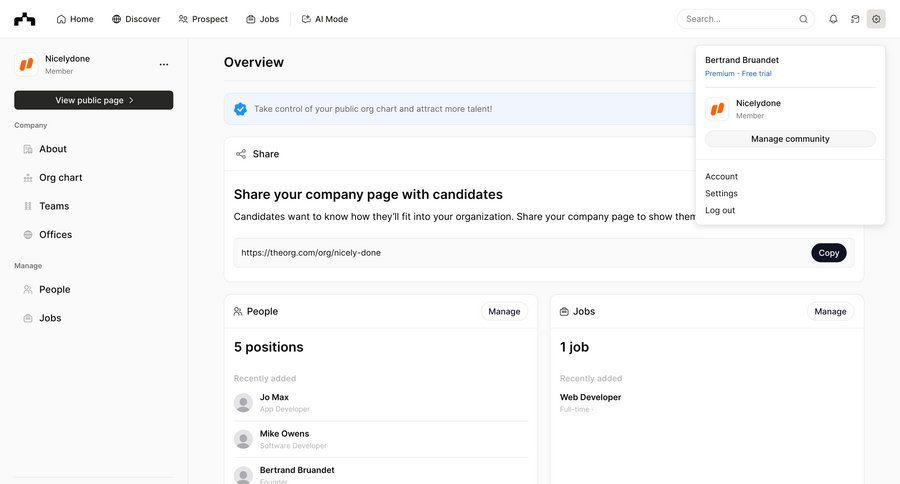 The org
			 account management onboarding account setup account settings content sharing sidebar navigation menu menu jobs ui page example