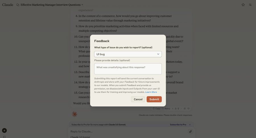 Claude
			modal & popover share feedback artificial intelligence form user feedback ui page example